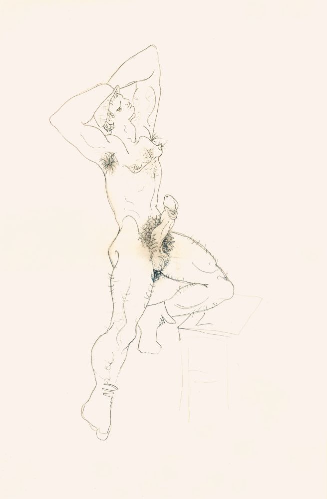 Drawing of a nude man with arms raised and erection