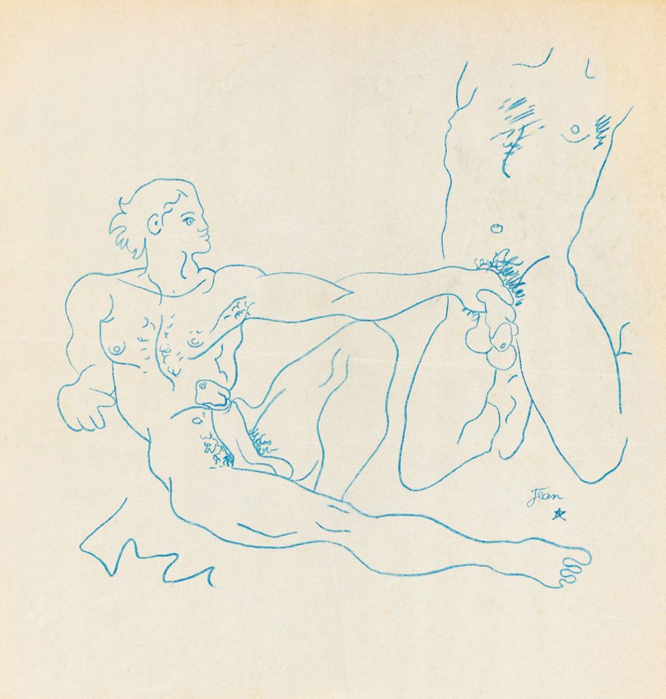 Two nude male figures are depicted in an erotic, stylized blue line drawing, one reclining and touching the genitals of the other who stands before him.