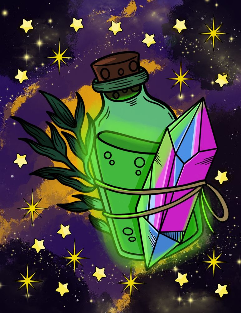 A high saturated and glowing green potion bottle, with a multicolored crystal tied to it with string and a small bundle of herbs sticking out the back of the potion bottle. 