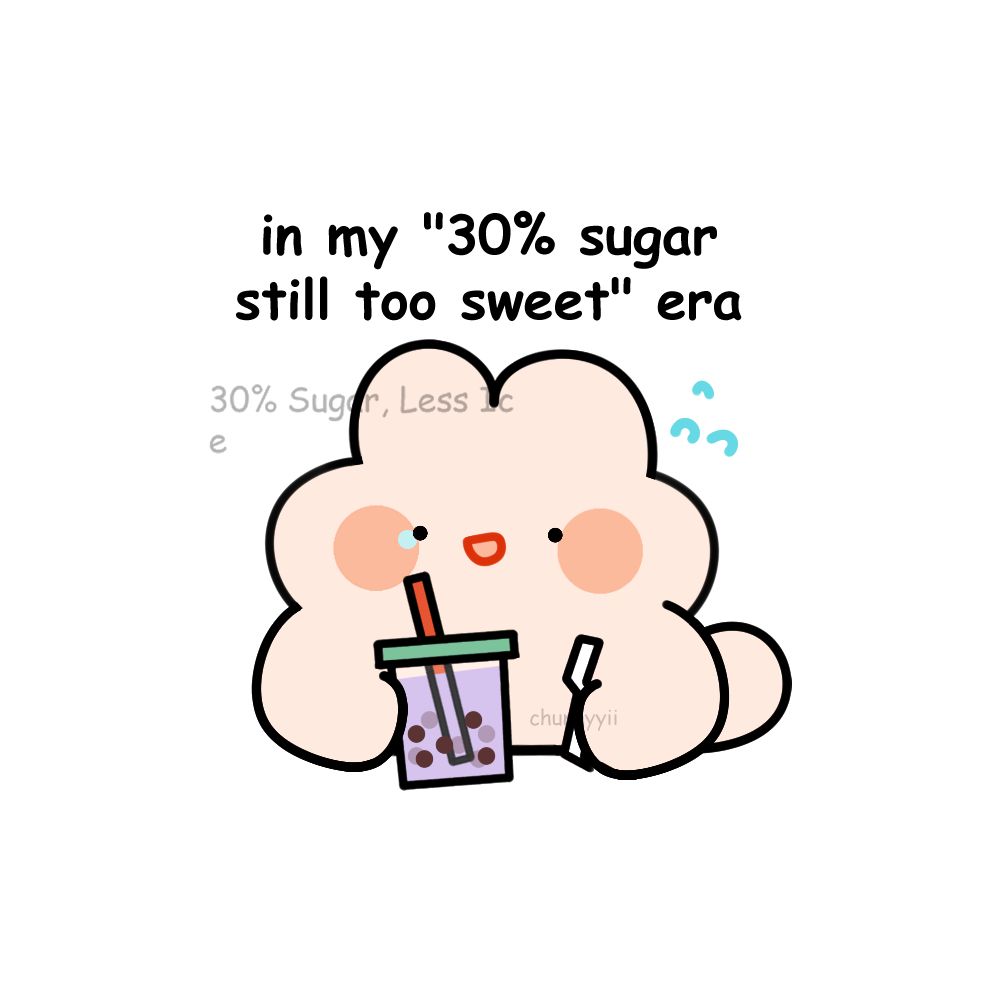 doodle of a bunny holding taro boba milk tea, crying, and clutching the straw wrapper. the text says 'in my "30% sugar still too sweet" era'
