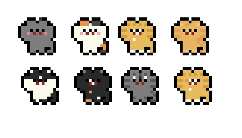 Eight pixel sprite of cats of different colours and patterns