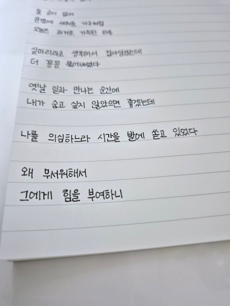 둘 곳이 없어
문밖에 세워둔 가구처럼
오늘은 과거로 가득한 하루

실마리라고 생각해서 잡아당겼는데
더 꽁꽁 묶어버렸다

옛날 일과 만나는 순간에
내가 숨고 싶지 않았으면 좋겠는데

나를 의심하느라 시간을 발에 쏟고 있었다

왜 무서워해서
그에게 힘을 부여하니