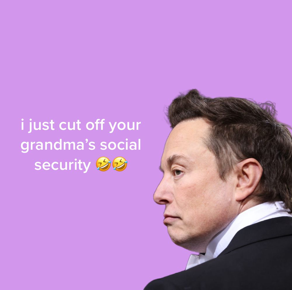 Dumb ass picture of Elon Musk. “I just cut off your grandma’s social security”