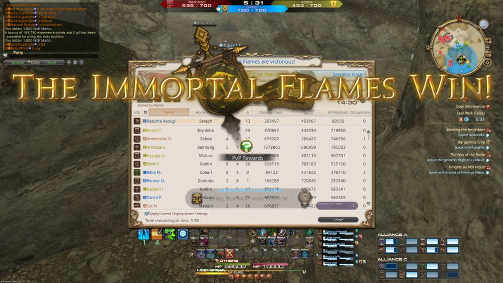 A screenshot of the Immortal Flames winning Frontline, a PvP game similar to capture the flag but on a larger scale.