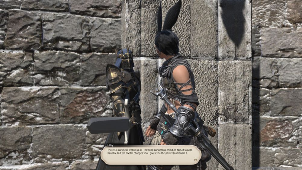 A different angle of Fray blocking Kazuma's way with her weapon. 

Fray: There's a darkness within us all - nothing dangerous, mind. In fact, it's quite healthy. But the crystal changes you - gives you power to channel it.