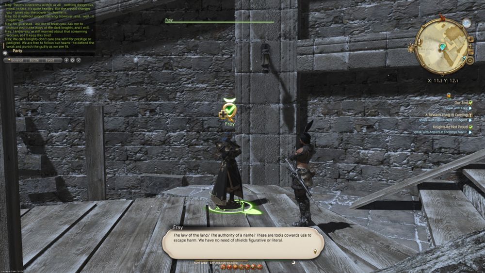 Fray and Kazuma continue to reflect each other's actions as Fray begins to give Kazuma the Dark Knight Soul Crystal.

Fray: The law of the land? The authority of a name? These are tools cowards use to escape harm. We have no need of shields figurative or literal.