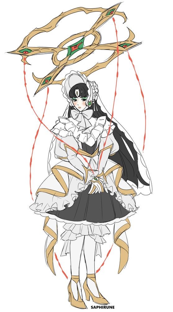 character design inspired by the pokemon arceus. they are a marionette doll, with arceus' arc forming the controller rod of the marionette. they are dressed in a frilly light gray dress, with a bonnet that has a veil in the back. they have porcelain like skin and black hair. 