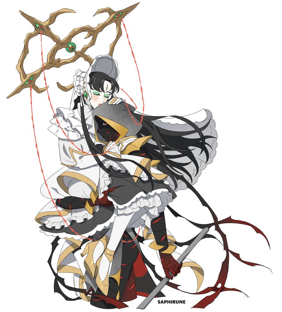 my characters, A.R.C. and Nameless. Nameless is wrapped in dark bandages over their body, and is wearing a gray hood. A.R.C. is dressed in a white and gray frilly dress, wearing a white bonnet with a veil. There is a a controller rod behind their head. Nameless is carrying A.R.C. in their right arm, while holding a metal stick in the other hand. 