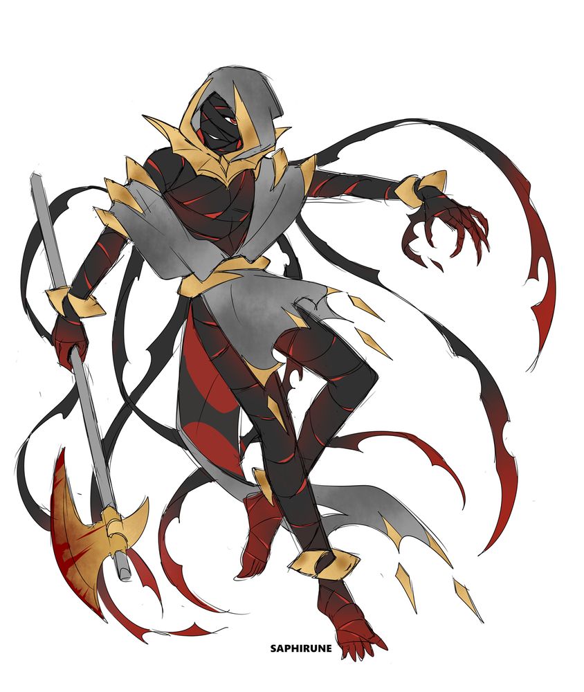 character design inspired by the pokemon giratina. their entire body is wrapped up by black bandage, with thin slits showing red underneath. only their left eye and mouth is visible. they are wearing a gray hood and loose outfit, with gold accents. they are holding a bloodied axe in their right hand. 