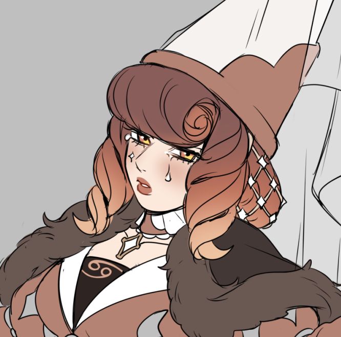 cropped image of my wip design. she is a young lady with large curled bangs, with curls framing her face. the rest of her hair is contained in a snood. she is wearing a fur cape and brown dress, which are cropped up to the bust.