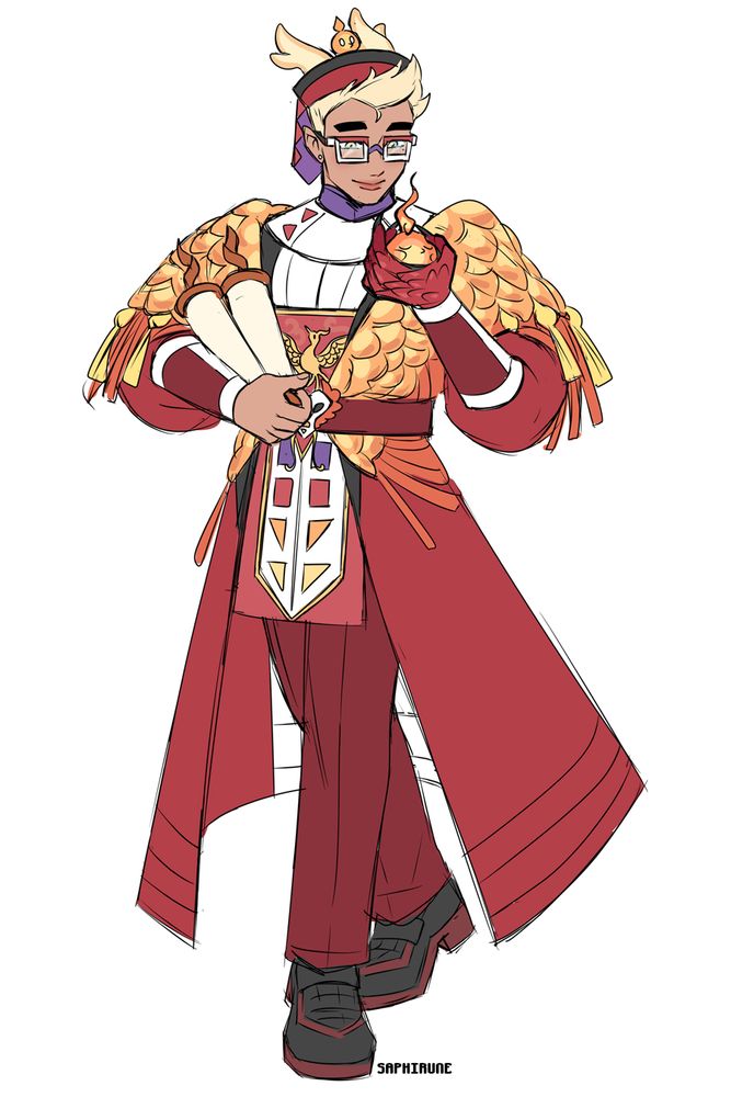 character design inspired by the pokemon skeledirge. he is dressed in a long coat, with a shawl covered in scales over his shoulder. his outfit underneath is loosely inspired by the clothing worn by scholar officials in china, which is a round collared robe with a mandarin square in the middle featuring a phoenix. his hat is also loosely inspired by ones worn by officials in the Qing dynasty. he is wearing red dress pants and black shoes. in his left hand, he is holding two scrolls and in the right is the small flame bird typically accompanied by the pokemon skeledirge.