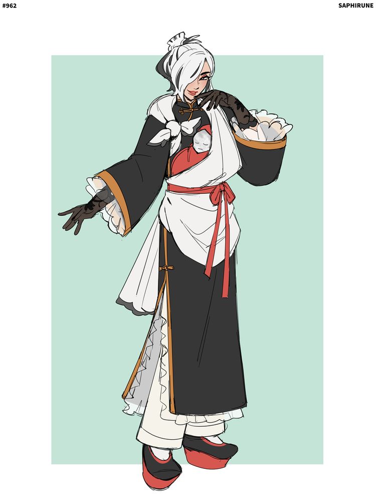 Character design inspired by the Pokemon Bombirdier. He has dual toned hair, with long bangs that covers his right eye and the rest is clipped into an updo. He is wearing a long, black qipao with long sleeves and long pants underneath. Over his attire, a long white cloth is wrapped into a sling over his left shoulder. In the sling, there is a rock that resembles a swaddled baby. He is wearing black rocking shoes with red soles. 