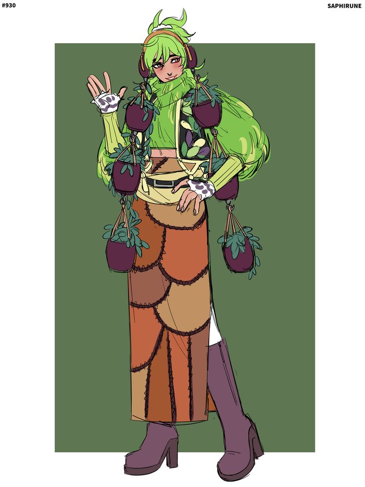 character design inspired by the pokemon arboliva. she is wearing a green, fuzzy cropped sweater and a long patchwork leather skirt. she is also wearing headphones, with a column of pots of plants hanging off of them. her hair is bright green, with some of it put into an updo. her outfit is finished with tall, brown leather boots. 