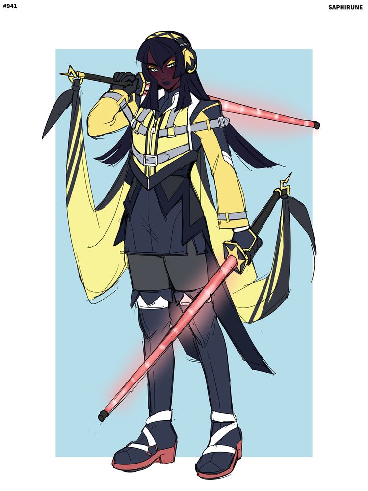character design inspired by the pokemom kilowattrel. she is wearing a high vis cropped vest over a short dark blue dress, that has long coat tails as well. she is wearing thigh high boots with white straps and red soles. in both of her hands, she is holding swords that resemble signal traffic wands. the ends of her cape are tied to the pommel of the swords. she has long dark hair, and is wearing bright yellow headphones. 