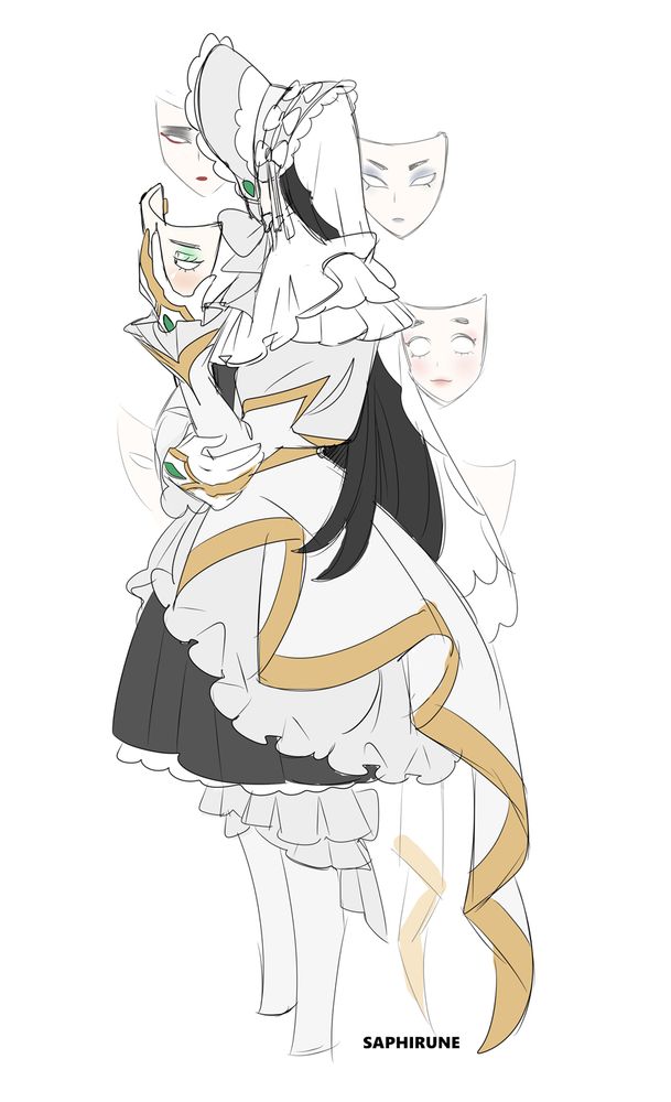 sketch of my character, ARC. they are turned away from the viewer, their face hidden by their bonnet. they are holding a face plate in their hands, and there are multiple face plates in the back. 