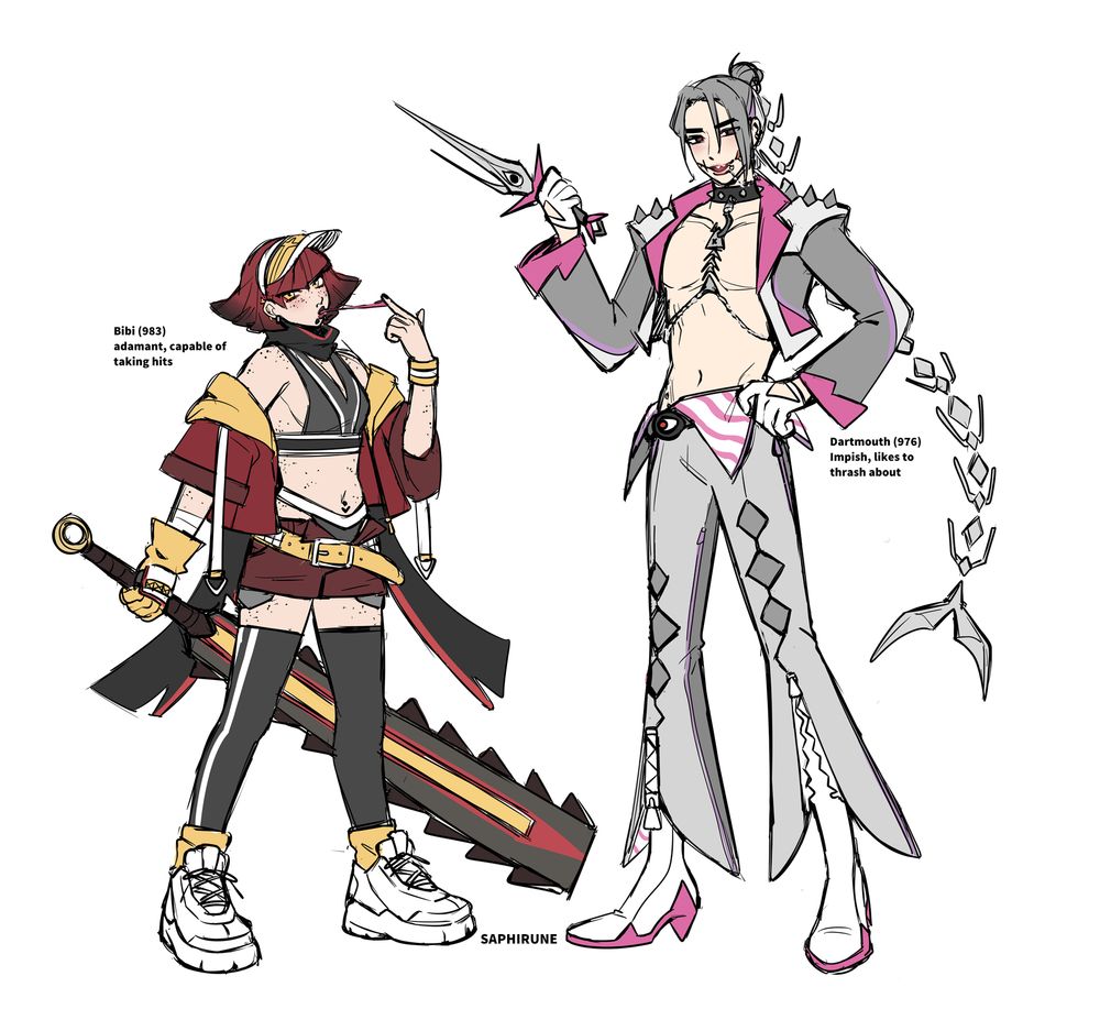character designs inspired by the pokemon kingambit and veluza. on the left, is a pale woman with a short red bob. she is holding a large sword in her right hand, and her left hand is pulling a string of gum from her mouth. she is dressed in a gray cropped tank top and red shorts, the shorts held up by a yellow studded belt and half unbuttoned revealing her gray underwear.  she is wearing a cropped red jacket with a yellow hood, with white straps hanging off it. she is wearing white platform running shoes and black thigh highs.

on the right, is a tall pale man with gray hair put into an updo. a chain resembling the bones of fish is attached to his hair bun. he is wearing a cropped long sleeve jacket, opened to reveal his bare chest. he has a choker with a fish hook hanging from the middle, which is attached to a jewellery that resembles fish bones. his pants are high waist, but unzipped on the top to reveal the pink and white stripped inside fabric. his pants have zipper on each leg, with the left leg unzipped. he is wearing white heels with pink soles. he is holding a dagger in his right hand. 