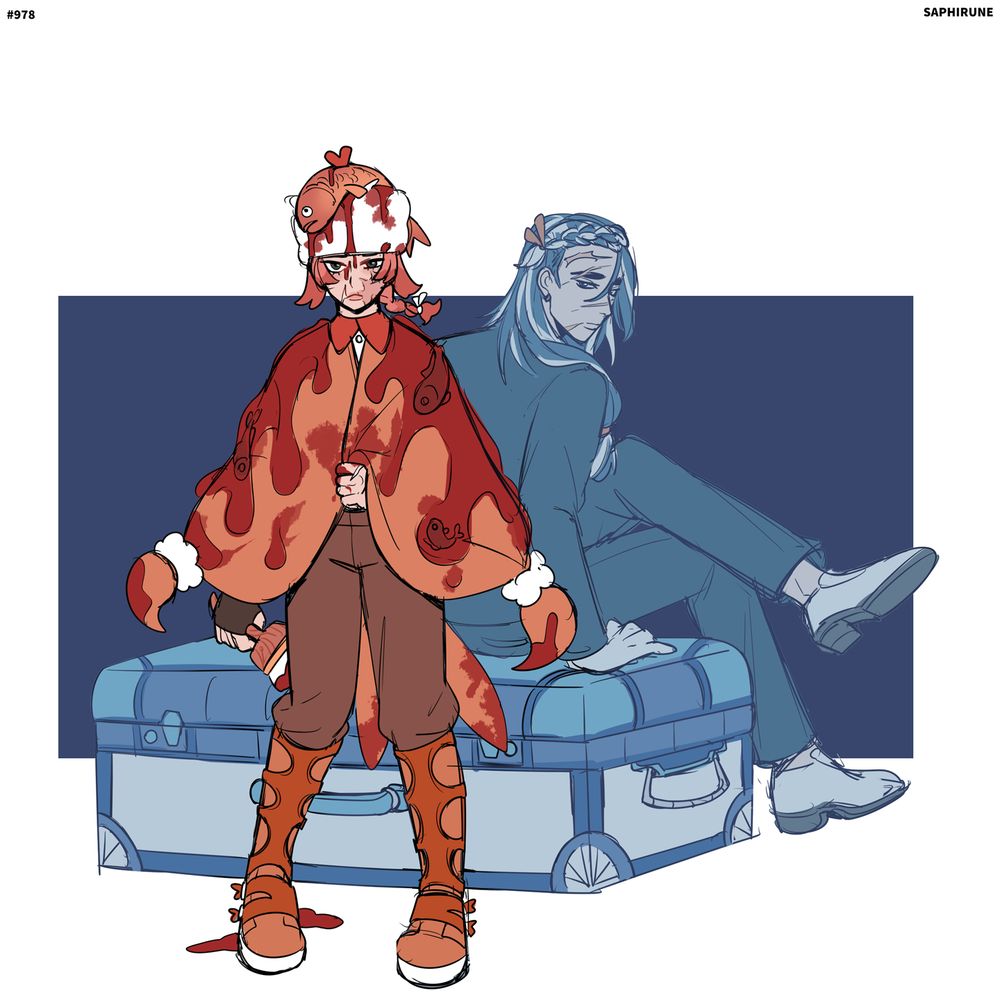 character designs inspired by the pokemon tatsugiri and dondozo, named tyde and donny respectively. tyde is standing in the foreground, wearing a fur hat with a dead, bloody fish on his head. he is wearing a orange cape covered in fish and blood. he has a burn scar on the left side of his face. in his right hand, he is holding a paintbrush covered in blood. in the background, donny is sitting on a large carrying case that resembles dondozo. he is dressed in a dark blue suit with white shoes. he has a lot of scars covering his face. 