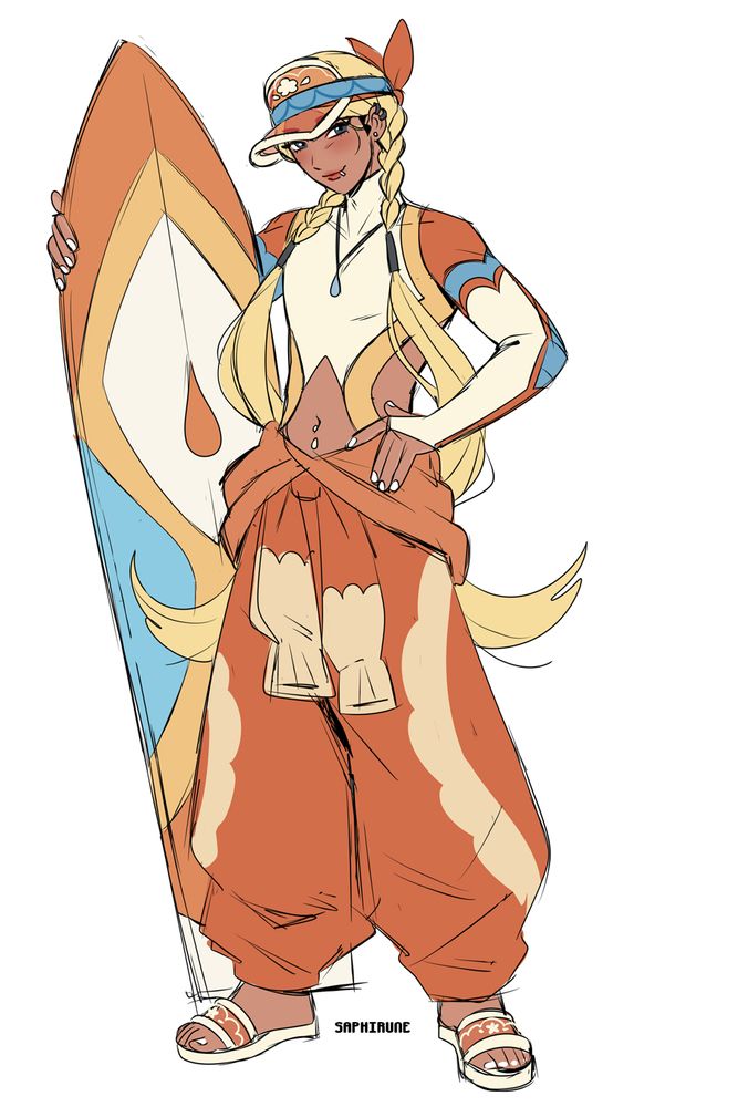 character design inspired by floatzel. he has two long blond twin braids, and is wearing a sun visor on his head. he is wearing a wet suit, with cutouts around his abdomen area. over the wet suit, he is wearing a coverall that is half worn. the top half is tied around his waist. In his right hand, he is holding on to a surfboard.