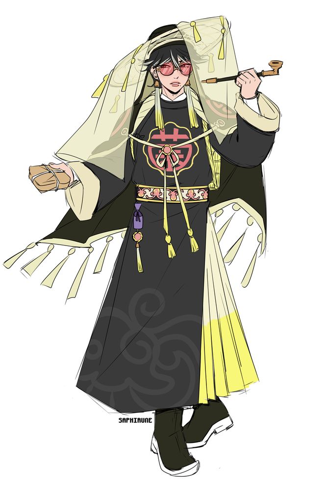 character design inspired by the pokemon toedscruel. he is wearing a wide brimmed hat with a pale translucent veil ending half way down his arms. he is also wearing glasses with large, pink tinted circular lenses. for the attire, he is wearing a long black robe with a round collar, inspired by the ones worn by chinese scholars. the center of the robe features the stylized version of the chinese character "菌". the bottom half of the robe is split down the sides, with pale yellow pleats. his belt has patterns resembling the pokemon toedscool, and the item soft sand is hanging by his right hip. he is wearing a black shawl over his shoulders, which is lined by several tassels on the edge. he is wearing black boots with white soles. in his right hand, he is holding a medicine package. in the left, he is holding a long stemmed smoking pipe. 