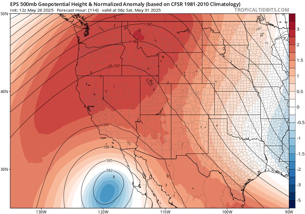 Map depicting predicted 500mb GPH anomaly from ECMWF ensemble on Friday. A broad and very strong ridge is depicted across most of the West Coast (dark red areas).