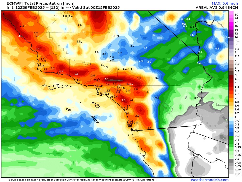 Map depicting projected accumulated precipitation through Friday across Southern California (from ECMWF model). Multiple inches of rain are indicated nearly region-wide from the mountains westward.