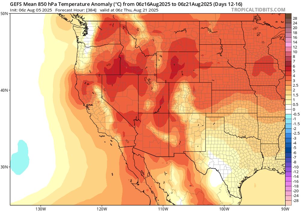 Map depicting 850mb (lower atmospheric) temperature anomalies for mid-August. Such temperatures are above average across the entire West, including California, during this period.