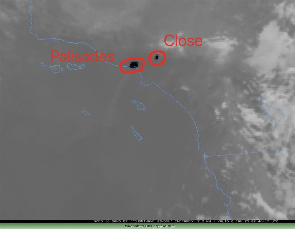 Current infrared satellite image snapshot with locations of Palisades and Close fires annotated.