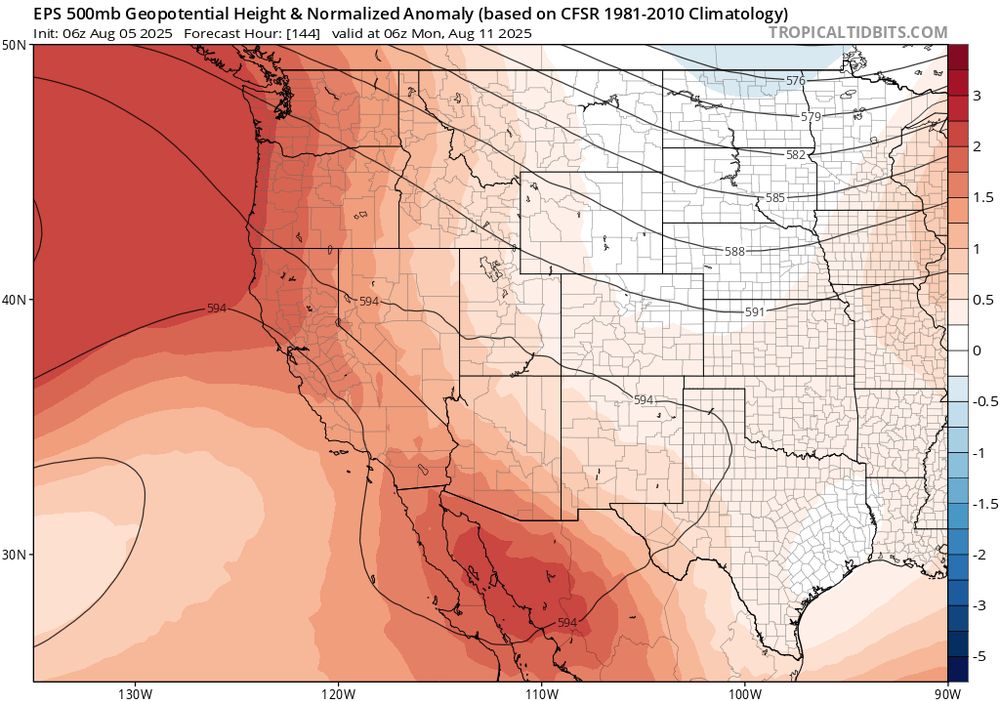 Map from ECMWF ensemble depicting anomalous ridging (brighter red colors) developing along the West Coast later this week, bringing much warmer temperatures (especially inland).