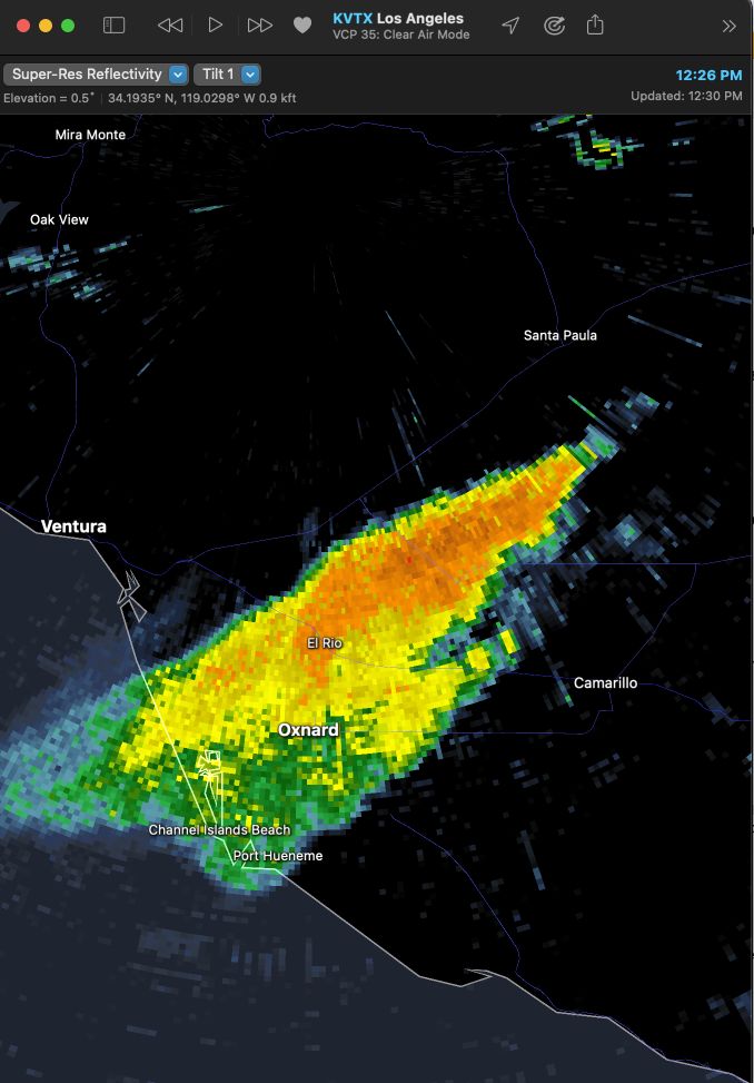 Weather radar image depicting very intense wildfire smoke plume in Ventura County emanating from Mountain Fire near Camarillo.
