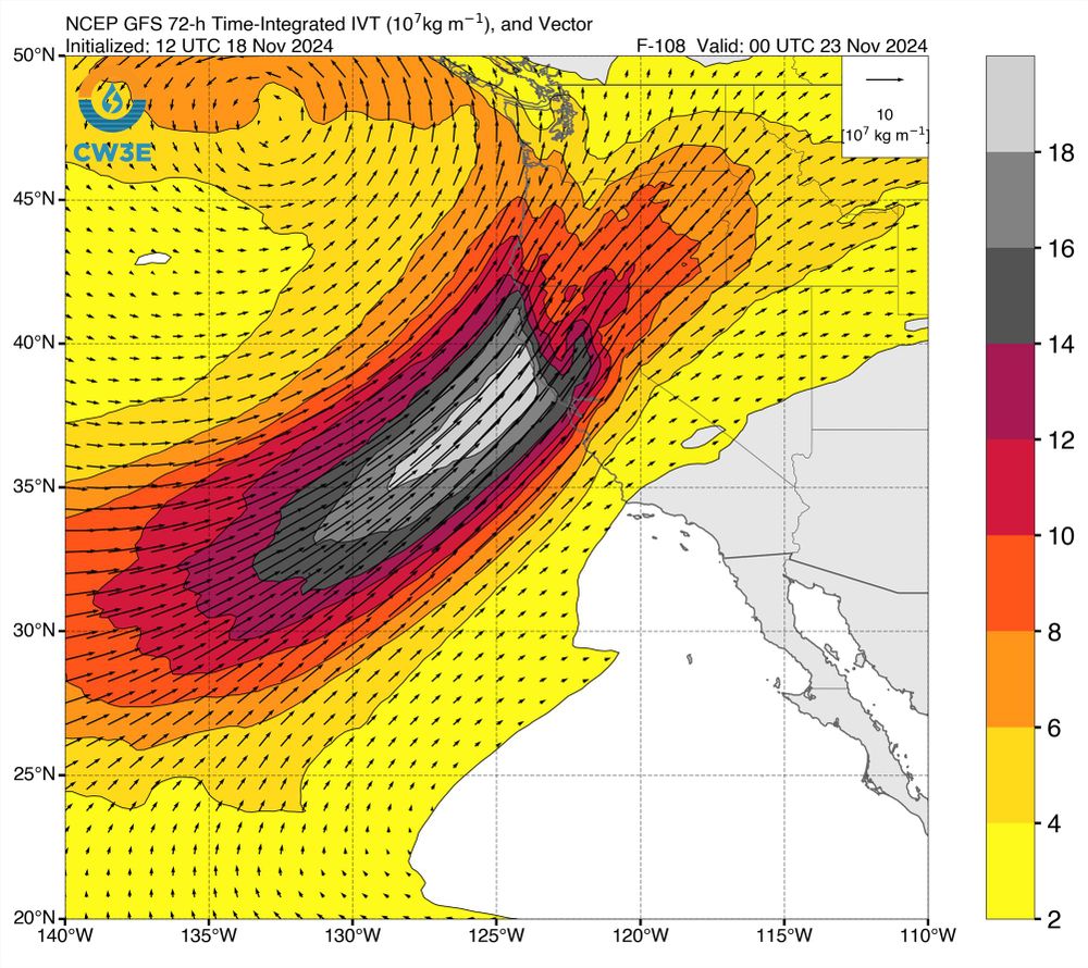 Snapshot of 3-day accumulated IVT (integrated vapor transport) along the West Coast of North America from the GFS model. It depicts extremely high 72-hr accumulated IVT values aimed at far northern California coast.