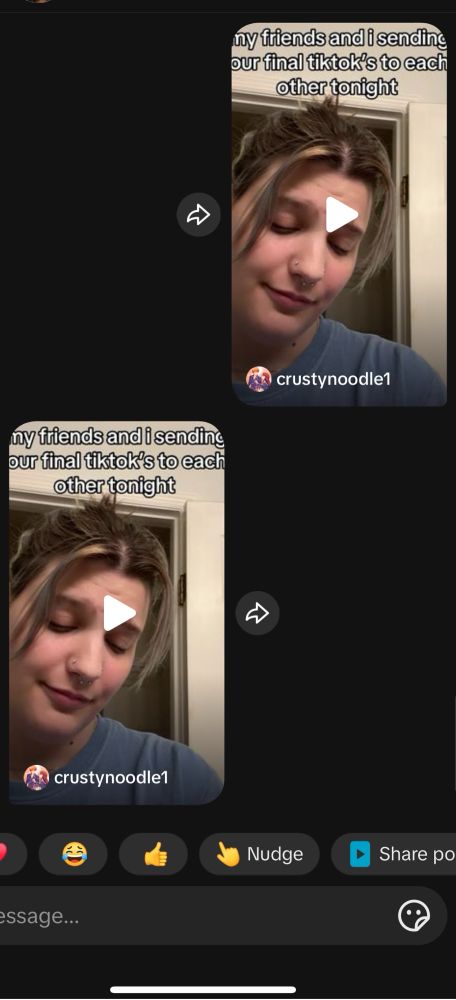 Screenshot from TikTok of my niece and I sharing our last TikTok to each other. It is of the same video. 