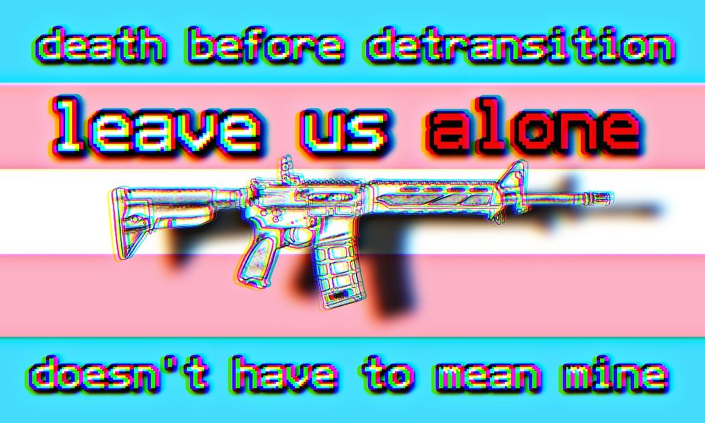 Death before detransition doesn't have to mean mine

Leave us alone (alone in red)

Text over a trans flag and an ar