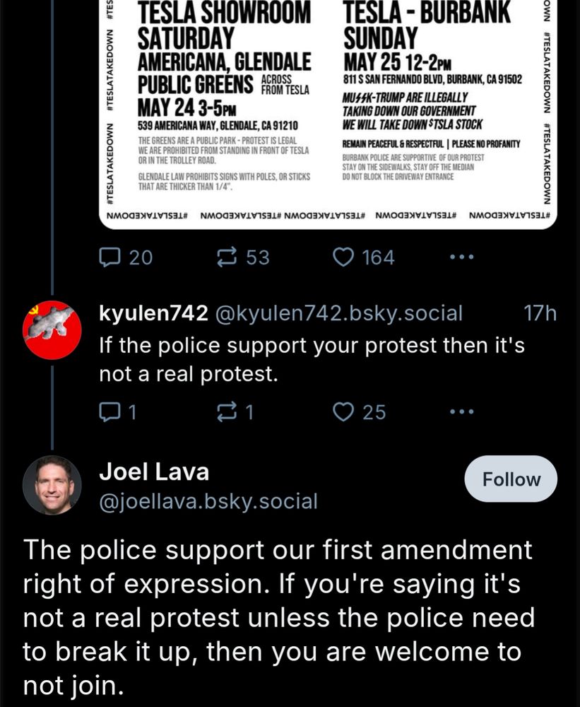 Elon Musk peaceful protest flyer

If the police support your protest then it's not a real protest.

Reply

The police support our first amendment right of expression. If you're saying it's not a real protest unless the police need to break it up, then you are welcome to not join.
