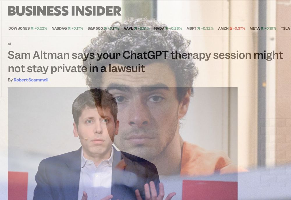 Article reading CEO of ChatGPT Sam Altman says your chatgpt therapy session might not stay private in a lawsuit with a picture of Luigi Mangione at 50 opacity overlayed