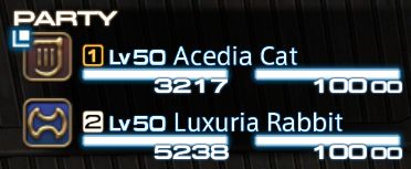 a screenshot of a FF14 party containing a bard named Acedia Cat and a Warrior named Luxuria Rabbit.  both are level 50