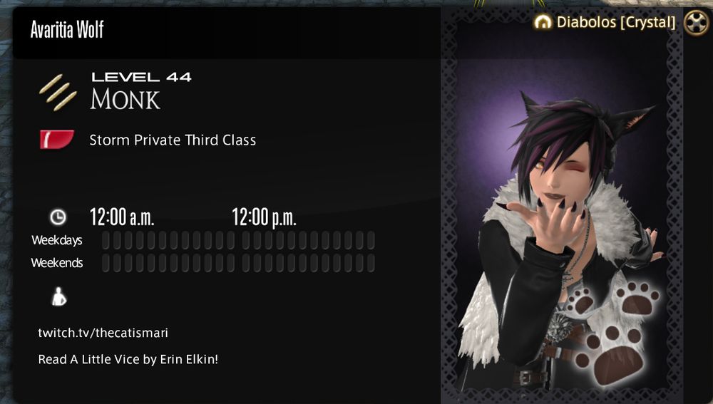 An image of a FF14 adventure plate for a character named Avaritia Wolf.  the search comment reads "Twitch.tv/thecatismari     you should read A Little Vice by Erin Elkin!"