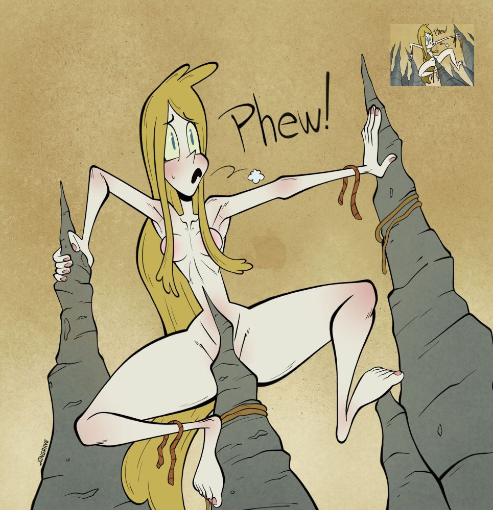Panel redraw from Katie Rice's webcomic, "Skadi". In this panel, Skadi just freed herself from her bindings after being captured by her self-proclaimed fan, "Nit", falling into a spiky pit but managing to land safely. Nit stole Skadi's clothes so she could be a "better Skadi". The floating text reads: "Phew!" (August 2023).
