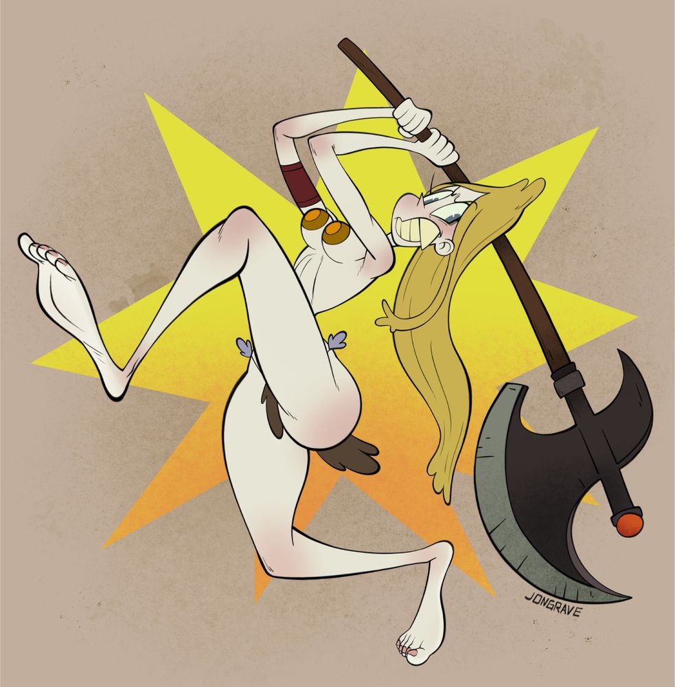 Panel redraw from Katie Rice's webcomic, "Skadi". In this panel Skadi is jumping in the air, charging with huge axe. (June 2024).