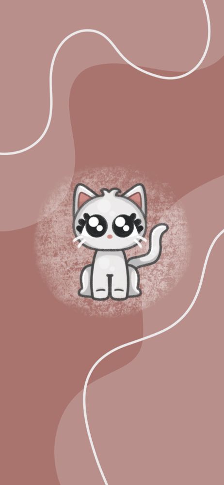 two shades of pink in a pattern in the background, with a drawn white cat, whit a pink nose and white whiskers, in the very middle. 