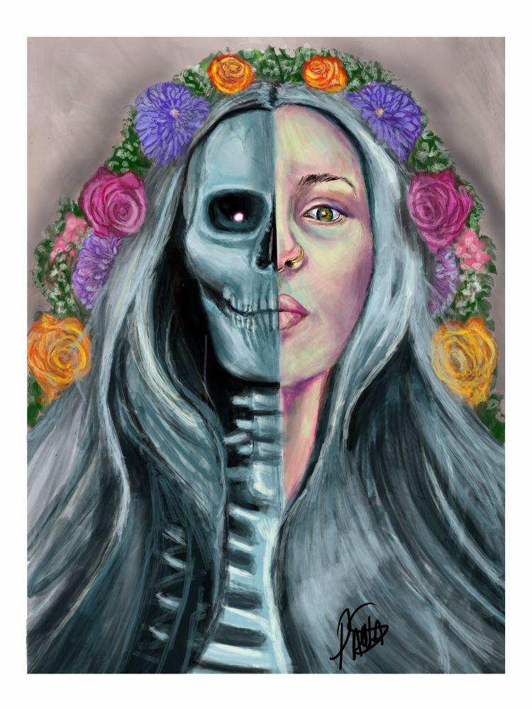 Digital illustration/ self portrait. It’s been done half flesh and half skeletal. There are flowers surrounding the head and the skull is done in shades of gray blue on the left. The right is the flesh side. Female with hazel eyes and skin tones done in mauve, yellow pinks and blue.