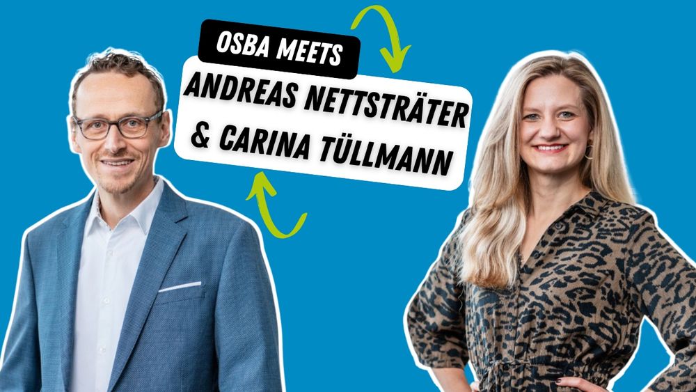 Ein Sharepic mit vielen Blautönen, zwei Portraits bis zur Hüfte von Andreas Nettsträter und Carina Tüllmann, in der Mitte zwischen den beiden ein Text "OSBA Meets Andreas Nettsträter & Carina Tüllmann"