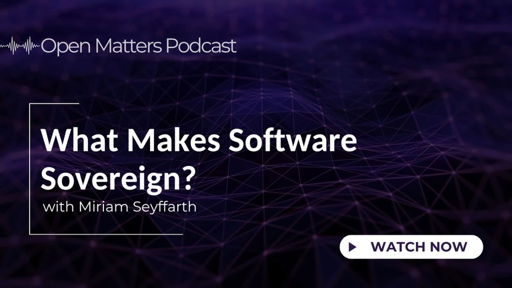 Auf einem dunkelblauen Sharepic steht in weißer Schrift "Open Matters Podcast. What makes Software Sovereign? With Miriam Seyffarth"