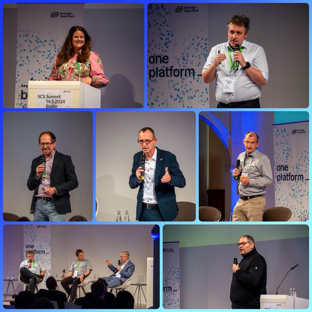 Collage von sieben Fotos, aufgenommen auf dem SCS Summit am 14. Mai 2024 in Berlin. Die Bilder zeigen verschiedene Sprecher*innen auf der Bühne während Vorträgen und Diskussionen. Im oberen linken Bild steht Ann Cathrin Riedel am Rednerpult und lächelt. Rechts daneben spricht Felix Kronlage-Dammers mit Mikrofon, weißem Hemd und grünem Lanyard. In der mittleren Reihe sind drei weitere Männer mit Mikrofonen in unterschiedlichen Posen zu sehen – einer lacht, einer gestikuliert energisch, einer spricht ruhig. In der unteren Reihe sitzen drei Männer in einer Paneldiskussion auf weißen Stühlen, daneben ein weiterer Sprecher in schwarzem Pullover am Rednerpult. Im Hintergrund ist auf allen Bildern das Branding von Sovereign Cloud Stack sichtbar.