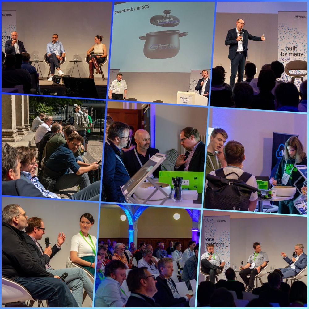 Collage aus neun Fotos des SCS Summit, einer Konferenz zu souveränen Cloud-Infrastrukturen. Die Bilder zeigen: Podiumsdiskussionen mit Sprecher:innen auf einer Bühne, eine Präsentation mit einer Folie zu „openDesk auf SCS“, ein Einzelvortrag, Gespräche in kleiner Runde, angeregte Diskussionen im Ausstellerbereich, entspannte Networking-Situationen im Freien und ein Publikum, das aufmerksam den Beiträgen lauscht. Die Stimmung wirkt professionell, offen und engagiert. Moderne Konferenzumgebung mit Fokus auf Austausch und Innovation.