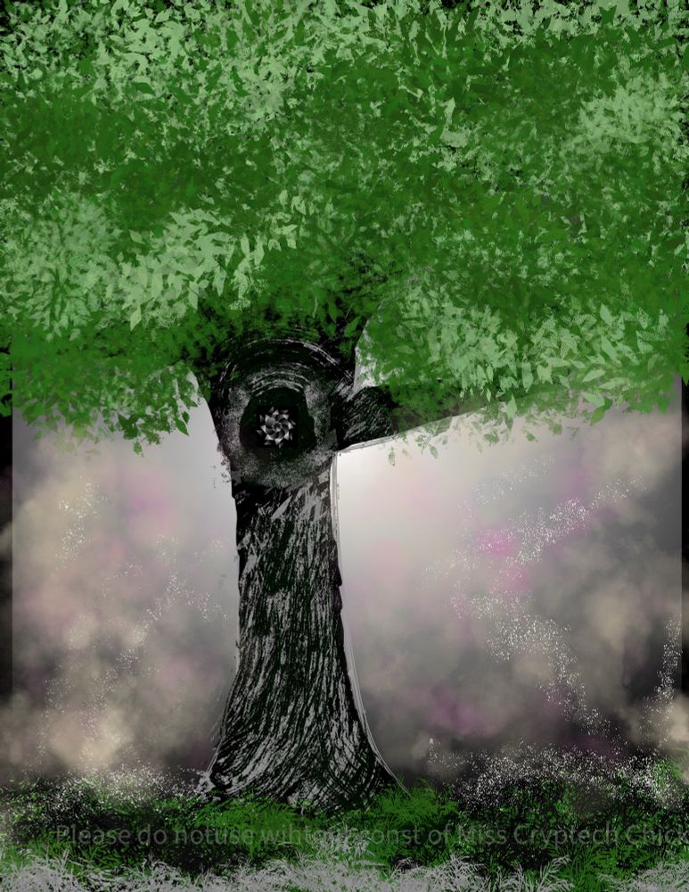 A tree with green leaves with a hollow part in its trunk.  A fog rolls in while fireflies float upward from the ground. The ground has green grass growing along the ground  an illustration. 