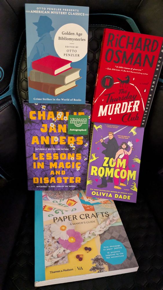 The front covers of five books: golden age bibliomysteries, the Thursday murder club, lessons in magic and other disasters, zom romcom, and paper crafts
