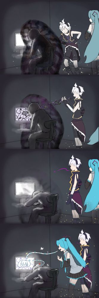 Part two.
1. Miku and vflower both appear besides the person. Flower is leaning forward inspecting them. 
2. Flower sings to them. Her voice contains a similar tone to the person's dark aura and penetrates it. 
3. Flower finishes singing and the dark aura is dispersed. 
4. Miku sings again as her song now reaches the person who is now sleeping comfortably at their desk.