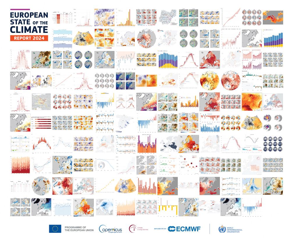 A mosaic containing thumbnails of 100+ climate-related charts from the European State of the Climate 2024 report from C3S and WMO. 