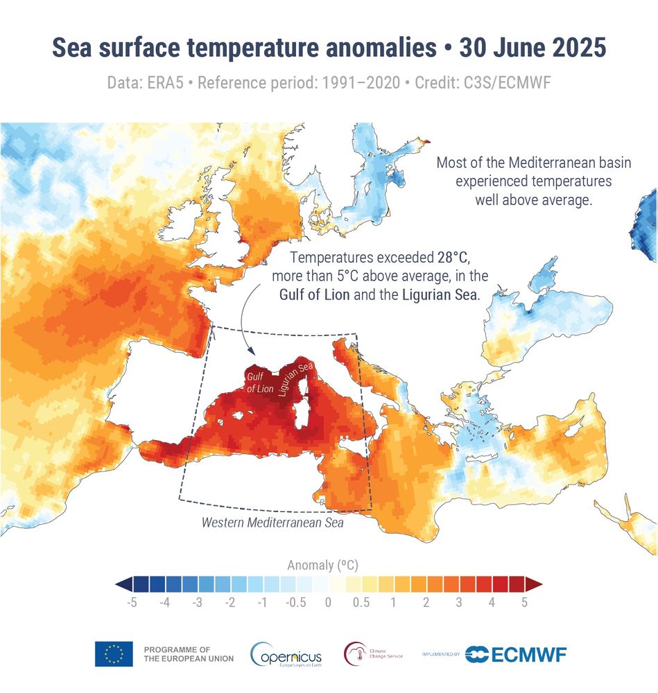 A map of Europe with the sea coloured based on the sea surface temperature anomalies on 30 June 2025. Annotations mention that most of the Mediterranean basin experienced temperatures well above average, and temperatures exceeded 28°C, more than 5°C above average, in the Gulf of Lion and Ligurian Sea. 