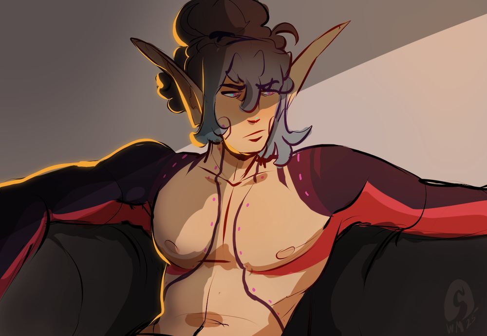 A digital sketch of the poster's oc, Kaede. She's shirtless and lounging on a couch.